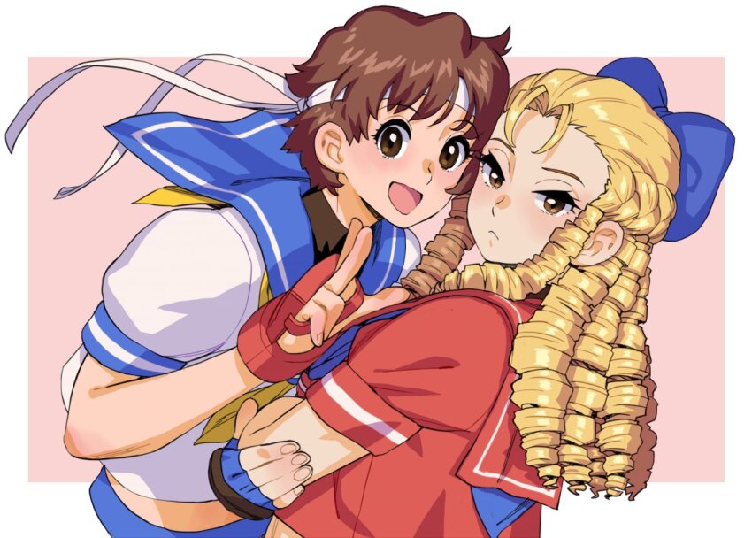 2girls :&lt; blonde_hair blush brown_eyes brown_hair drill_hair fingerless_gloves gloves headband kanzuki_karin kasugano_sakura long_hair looking_at_viewer multiple_girls open_mouth red_serafuku school_uniform serafuku short_hair smile street_fighter street_fighter_zero_(series) upper_body v wakaho_riku