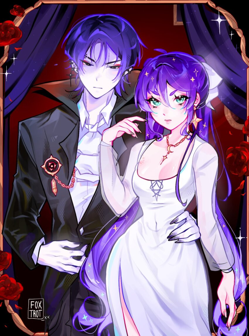 1boy 1girl ahoge alternate_costume aqua_eyes arm_at_side artist_name ascot bite_mark bite_mark_on_breast black_coat black_collar black_eyes black_nails black_pants black_sleeves blunt_ends border bow breasts bright_pupils cleavage closed_mouth coat collar collared_shirt contrapposto crescent crescent_necklace curtains dress ear_piercing earrings expressionless eyeliner eyeshadow fingernails flower foxtrot_(foxtrot_xx) frown furrowed_brow genshin_impact gold_border gold_necklace hair_between_eyes hair_bow hand_on_another&#039;s_hip hand_on_own_stomach hand_up high_collar highres jewelry lapels layered_sleeves long_hair long_sleeves makeup mona_(genshin_impact) necklace open_hands ornate_border pale_skin pants piercing pink_lips purple_hair red_background red_eyeliner red_eyeshadow red_flower red_rose rose scaramouche_(genshin_impact) see-through_clothes see-through_sleeves sharp_fingernails shirt short_eyebrows side_slit sidelocks star_(symbol) star_earrings tsurime twintails vampire_costume white_ascot white_bow white_dress white_pupils white_shirt white_sleeves