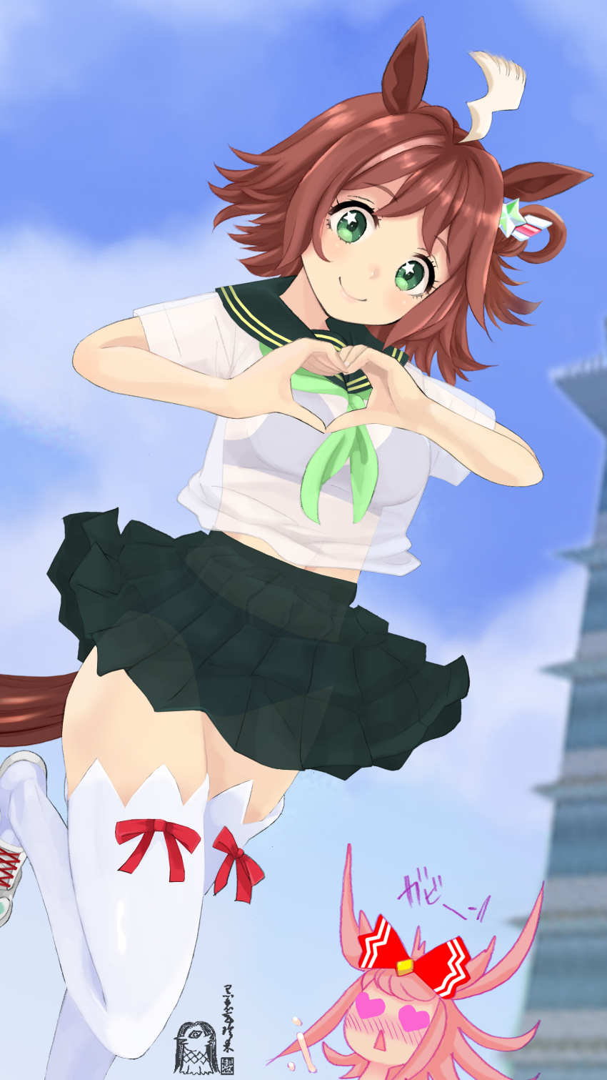 2girls absurdres agnes_digital_(umamusume) ahoge alternate_costume animal_ears blush breasts brown_hair cloritin commentary_request green_eyes heart heart-shaped_pupils heart_hands highres horse_ears horse_tail looking_at_viewer medium_breasts medium_hair multiple_girls pink_hair rhein_kraft_(umamusume) school_uniform see-through_clothes see-through_skirt skirt sky smile standing standing_on_one_leg symbol-shaped_pupils tail thighhighs umamusume