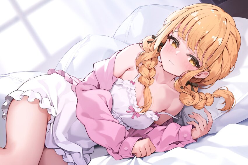1girl bed bed_sheet black_ribbon blonde_hair blush braid closed_mouth fujita_kotone gakuen_idolmaster hair_ribbon highres idolmaster indoors long_hair long_sleeves looking_at_viewer lying on_bed pillow pinki_o64 red_ribbon ribbon solo twin_braids underwear yellow_eyes