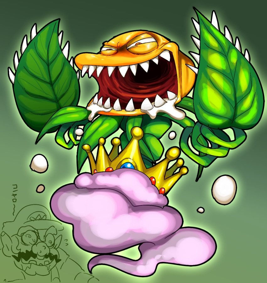 1boy cractus crown drooling facial_hair fangs ghost_tail hat highres hoshi_(star-name2000) monster mustache nintendo open_mouth plant_monster saliva wario wario_land wario_land_4 yellow_eyes zombie_wario