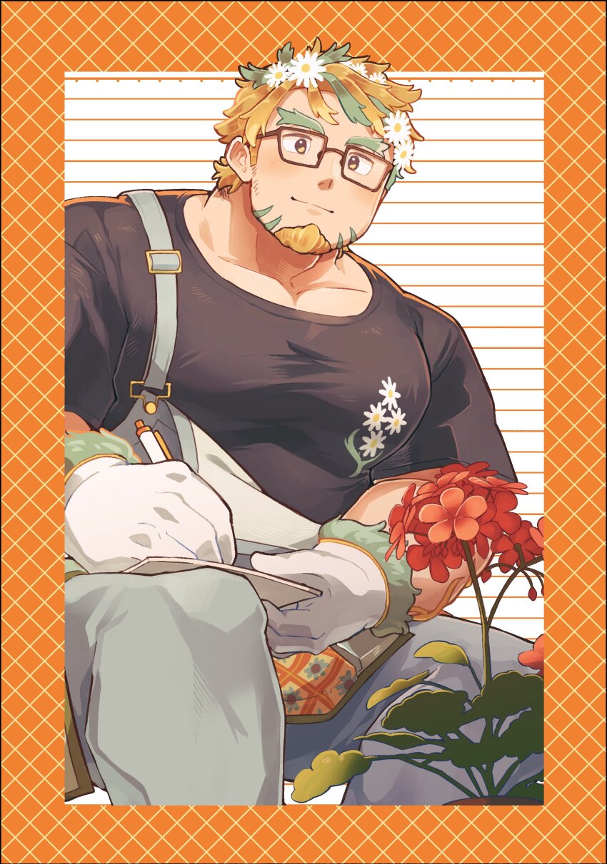 1boy absurdres bara black_shirt closed_mouth collarbone daisy_(flower) facial_hair feet_out_of_frame floral_print flower glasses gloves goatee green_hair grey_overalls grid_background hair_flower hair_ornament highres hippolytus_(housamo) light_brown_hair looking_at_viewer male_focus multicolored_hair overalls plant puffy_chest sawch_cls shirt short_sleeves sideburns_stubble sitting solo stubble thick_eyebrows tokyo_houkago_summoners two-tone_hair white_gloves writing