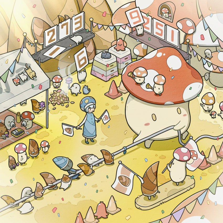 1girl absurdres autumn black_cat blue_dress blue_hair blue_shoes blush_stickers cat confetti dress flag food food_art hat highres holding holding_flag mushroom mushroom_hat onigiri original roasted_sweet_potato scoreboard shoes sports_festival sweet_potato tako-san_wiener thermos traffic_cone tti_design tug_of_war