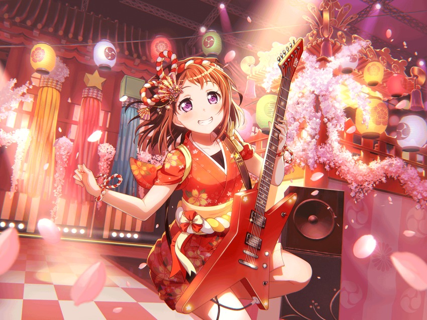 10s bang_dream! blush brown_hair electric_guitar guitar instrument japanese_clothes kimono music purple_eyes sakura short_hair smile spring_(season) toyama_kasumi