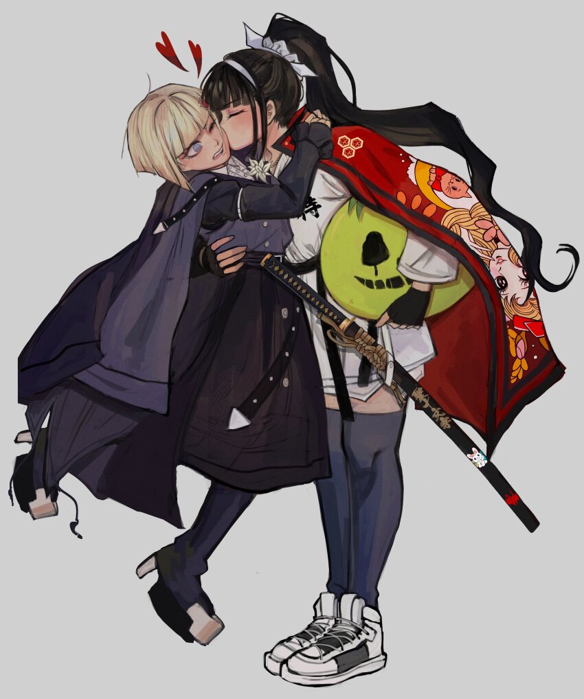 2girls absurdres anaizzzen arm_around_waist black_gloves black_hair black_skirt black_thighhighs blonde_hair blue_eyes blue_shirt bob_cut brooch cloak commentary embarrassed english_commentary fingerless_gloves gloves grey_background heart highres holding holding_mask japanese_clothes jewelry katana kiss kissing_cheek lifting_person long_hair long_skirt magadori_kyoshika mask multiple_girls one_eye_closed oosuzuki_kurara open_mouth platform_shoes ponytail red_cloak sheath sheathed shirt shoes simple_background skirt sneakers sword the_hundred_line_-last_defense_academy- thighhighs uwagi weapon white_shoes yuri