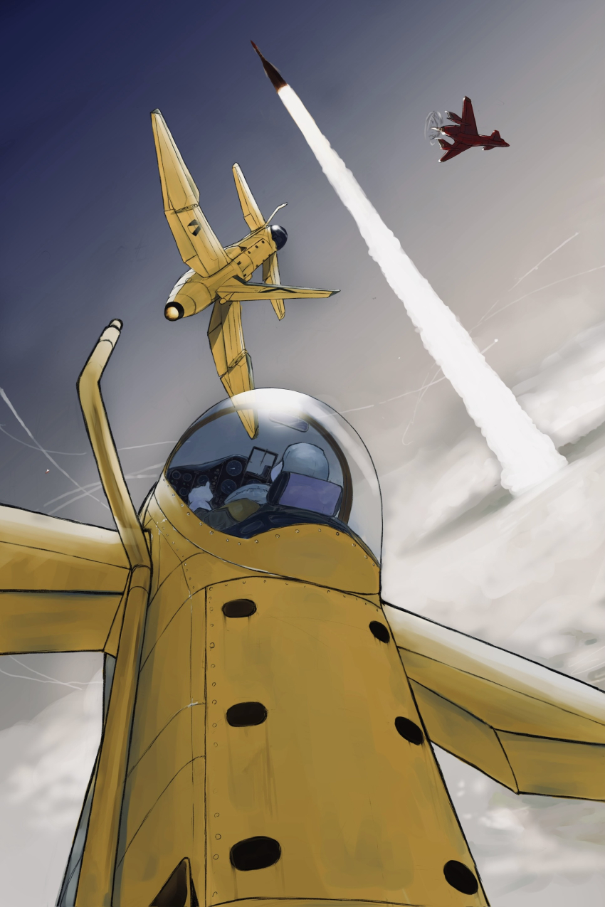 above_clouds absurdres aircraft airplane canards cloud cockpit facing_away fighter_jet flight_suit flying from_behind highres honneamise_no_tsubasa imo_cyber military_vehicle pilot propeller radio_antenna rivets rocket rocket_ship sky smoke smoke_trail solo spacecraft vehicle_focus