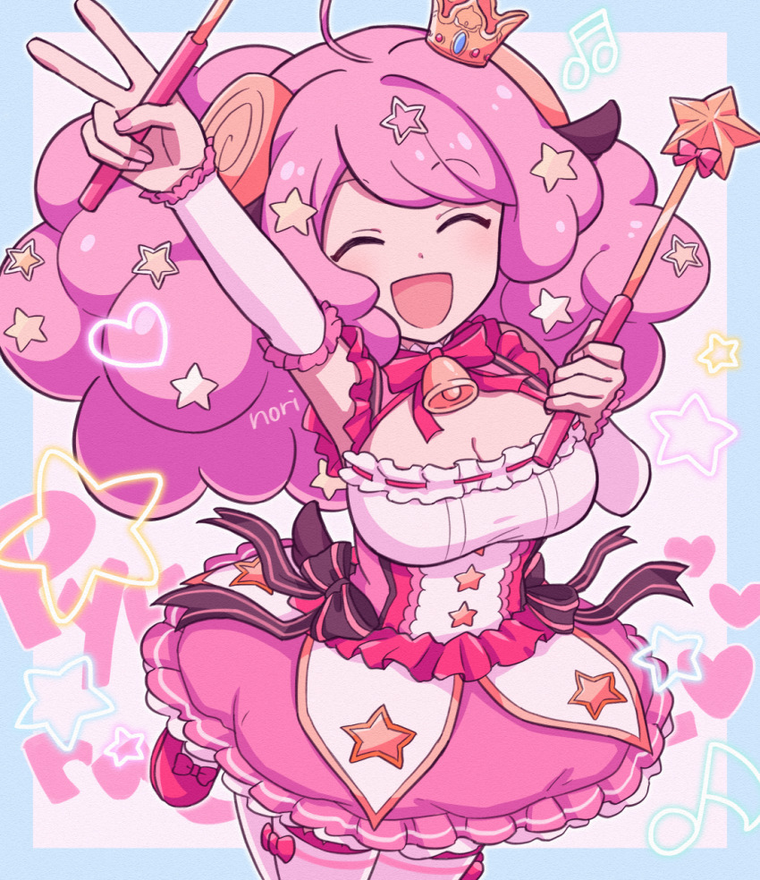 ^_^ ahoge animal_ears arm_up bell black_bow blue_border border bow bowtie breasts bubble_skirt chiyo_nori cleavage closed_eyes corset cowboy_shot crown detached_sleeves facing_viewer fluffy_hair frilled_skirt frills hair_ornament heart highres holding holding_wand horns leg_up long_hair magical_girl mini_crown moa_(show_by_rock!!) musical_note neck_bell open_mouth outside_border outstretched_arm pantyhose pink_hair pink_pantyhose pink_shoes pink_skirt red_bow red_bowtie sheep_ears sheep_girl sheep_horns shoes show_by_rock!! simple_background skirt star_(symbol) star_hair_ornament striped_clothes striped_pantyhose v wand white_background