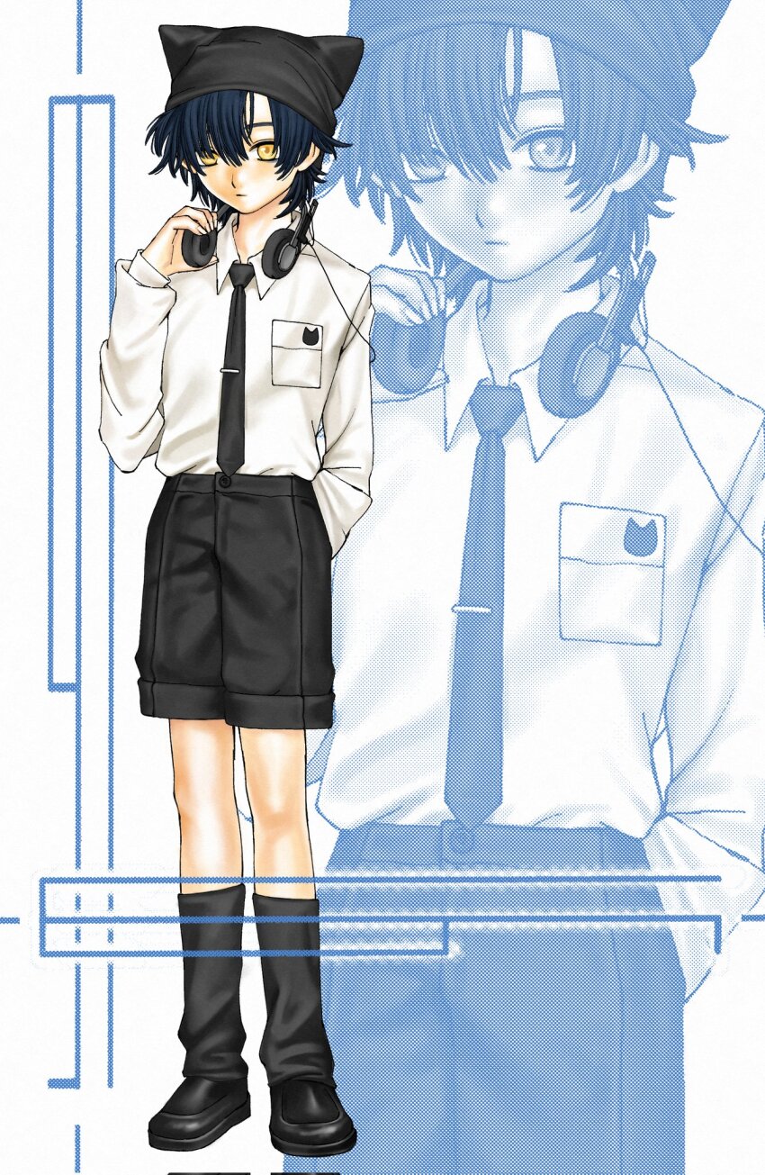 1other androgynous animal_hat black_necktie blue_hair cat_hat check_copyright collared_shirt commission copyright_request expressionless full_body hat headphones headphones_around_neck highres kennomou necktie original shirt short_hair shorts yellow_eyes zoom_layer