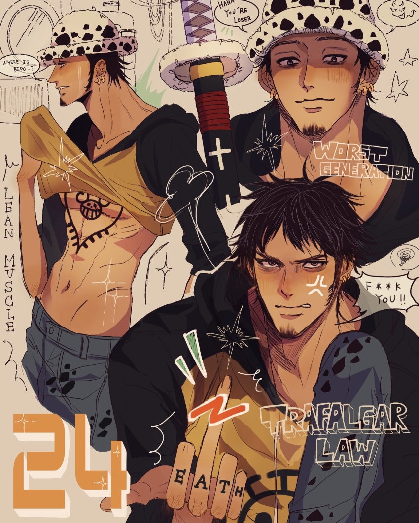 1boy anger_vein black_hair character_name chest_tattoo clothes_lift commentary denim earrings facial_hair goatee hand_tattoo hat highres holding holding_sword holding_weapon jeans jewelry long_finger male_focus middle_finger one_piece pants rihirihi613 shirt_lift sideburns smile solo speech_bubble sword tattoo trafalgar_law weapon