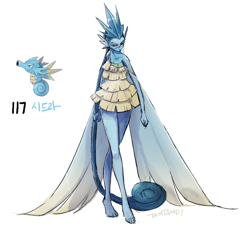 1girl absurdly_long_hair arms_at_sides barefoot blue_skin breasts cleavage collarbone colored_skin commentary dress fins full_body gen_1_pokemon head_fins highres long_hair looking_at_viewer nintendo personification pokemon pokemon_(creature) reference_inset seadra simple_background standing tamtamdi translated very_long_hair white_background yellow_dress