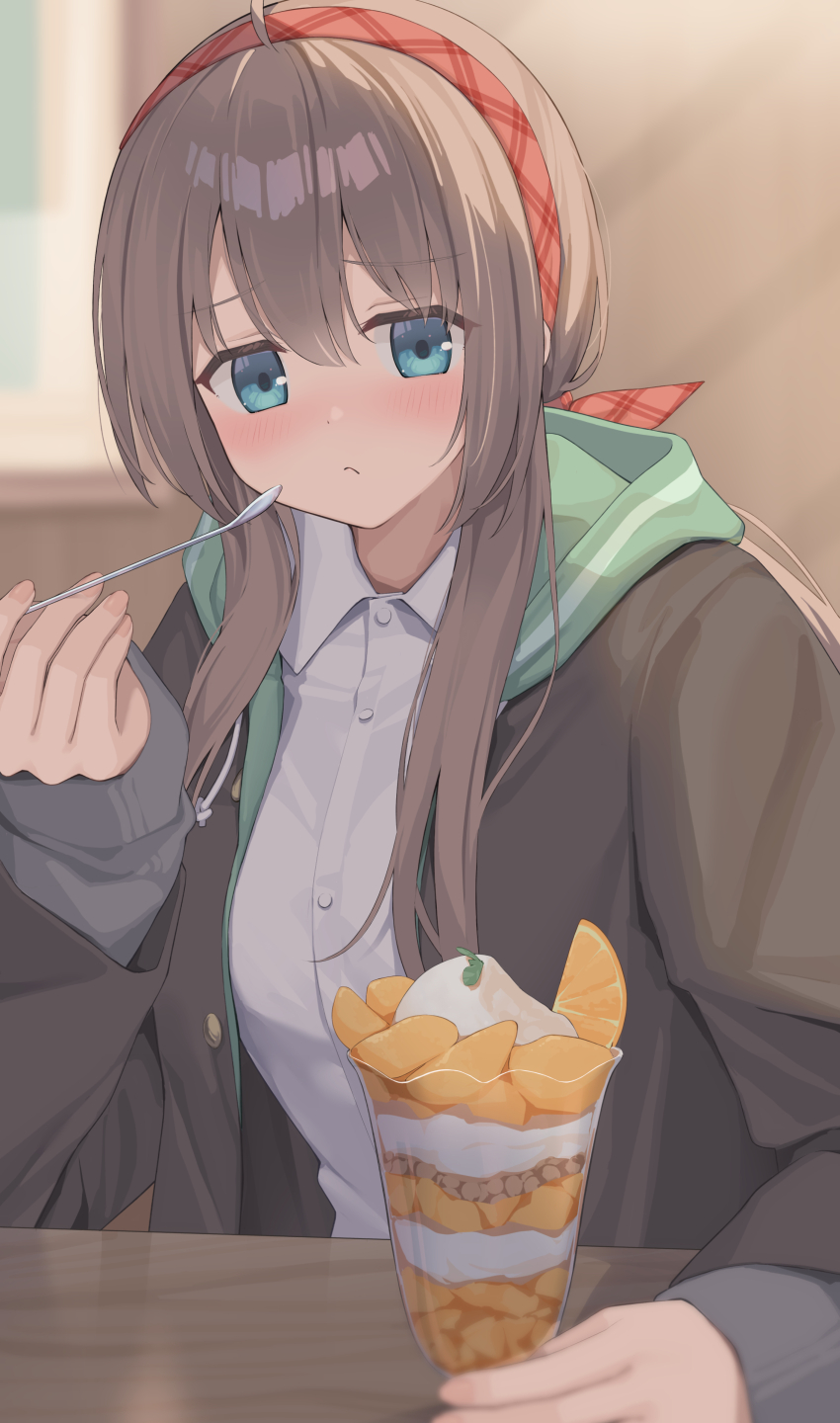 1girl absurdres ahoge aqua_eyes black_jacket blush breasts brown_hair check_commentary closed_mouth commentary_request eyes_visible_through_hair fingernails food fruit hair_between_eyes hair_ornament hairband highres holding holding_spoon hotarihotaru indoors jacket long_hair long_sleeves looking_at_viewer open_clothes open_jacket orange_(fruit) parfait plaid_hairband plaid_ribbon red_hairband ribbon sanoba_witch school_uniform shiiba_tsumugi shirt solo spoon very_long_hair white_shirt