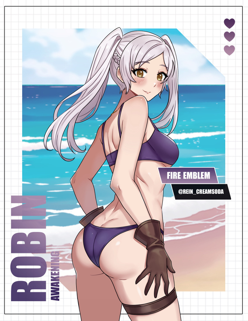 1girl absurdres artist_name ass bare_shoulders bikini blue_sky blush breasts character_name closed_mouth cloud cloudy_sky commentary copyright_name day female_robin_(fire_emblem) fire_emblem fire_emblem_awakening fire_emblem_heroes from_behind gloves highres lips long_hair looking_at_viewer looking_back medium_breasts nintendo ocean outdoors rein_creamsoda shiny_skin sky smile solo swimsuit thigh_strap twintails water white_hair