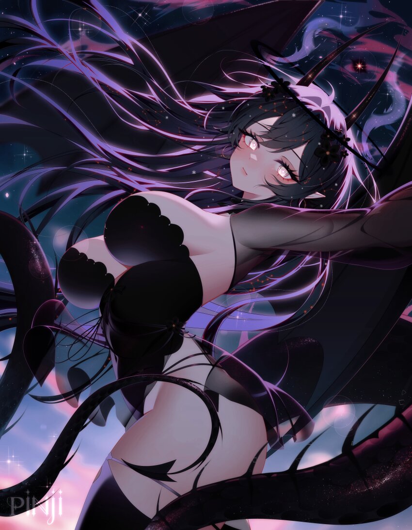 1girl absurdres artist_name black_flower black_hair black_horns black_leotard black_thighhighs breasts closed_mouth earrings eyelashes flower grey_eyes hair_flower hair_ornament highres hoop_earrings horns jewelry large_breasts leotard long_hair original pinji8166 pointy_ears see-through_shrug solo space sparkling_eyes tail thighhighs
