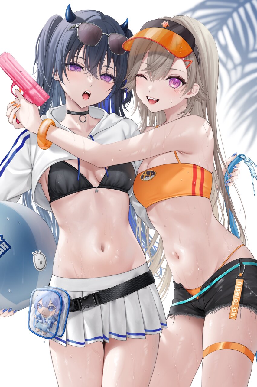 2girls :d :o absurdres alternate_costume ball bangle beachball belt belt_pouch bikini bikini_under_clothes black_belt black_bikini black_collar black_hair black_shorts blue_belt blue_nails bracelet breasts character_doll cleavage collar colored_inner_hair cropped_hoodie cross cross_earrings earrings eyewear_on_head fangs grey_hair hair_between_eyes highres holding holding_ball holding_beachball holding_hose hood hoodie hose hug ichinose_uruha jewelry komori_met long_hair long_sleeves looking_at_viewer medium_breasts miniskirt multicolored_hair multiple_girls navel neo-porte open_clothes open_mouth open_shorts orange_bikini orange_nails palm_tree pleated_skirt pomelunch pouch purple_eyes shirayuki_reid shorts skirt smile stomach streaked_hair string_bikini sunglasses swimsuit tankini teeth thigh_strap tree upper_teeth_only very_long_hair virtual_youtuber visor_cap vspo! water water_gun wet white_hoodie white_skirt