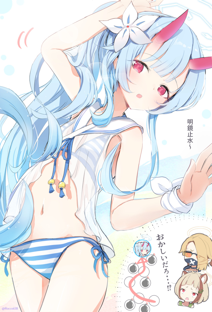 3girls animal_ear_fluff animal_ears bare_arms bare_shoulders bikini blonde_hair blue_archive blue_bikini blue_hair blunt_bangs blush character_request chise_(blue_archive) chise_(swimsuit)_(blue_archive) demon_girl demon_horns eyes_visible_through_hair flower hair_flower hair_ornament hair_over_one_eye highres horns long_hair multiple_girls navel official_alternate_costume official_alternate_hairstyle open_mouth orange-tinted_eyewear ponytail red_eyes sakurano_rocco seaside_sukeban_(mg)_(blue_archive) see-through_clothes see-through_shirt shirt stomach striped_bikini striped_clothes sunglasses swimsuit tinted_eyewear white_flower white_shirt