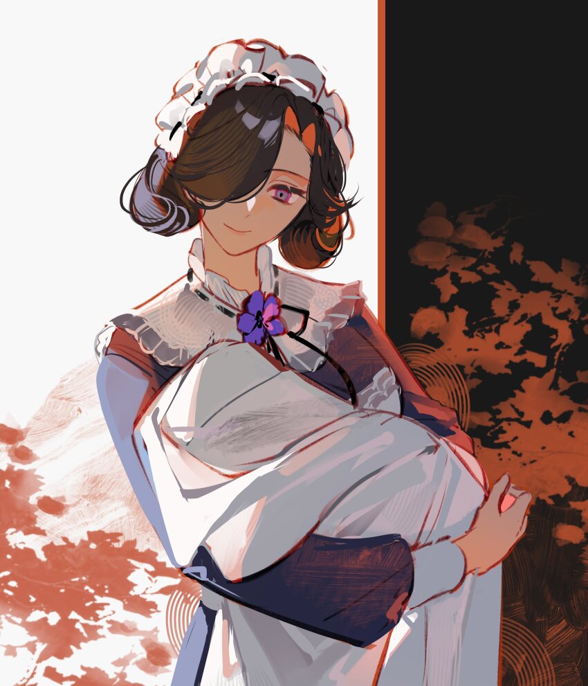 1girl absurdres black_hair blanket closed_mouth commentary dress english_commentary hair_over_one_eye highres holding long_sleeves looking_down maid maid_headdress multicolored_background reverse:1999 short_hair smile solo swaddled tuesday_(reverse:1999) ylceon