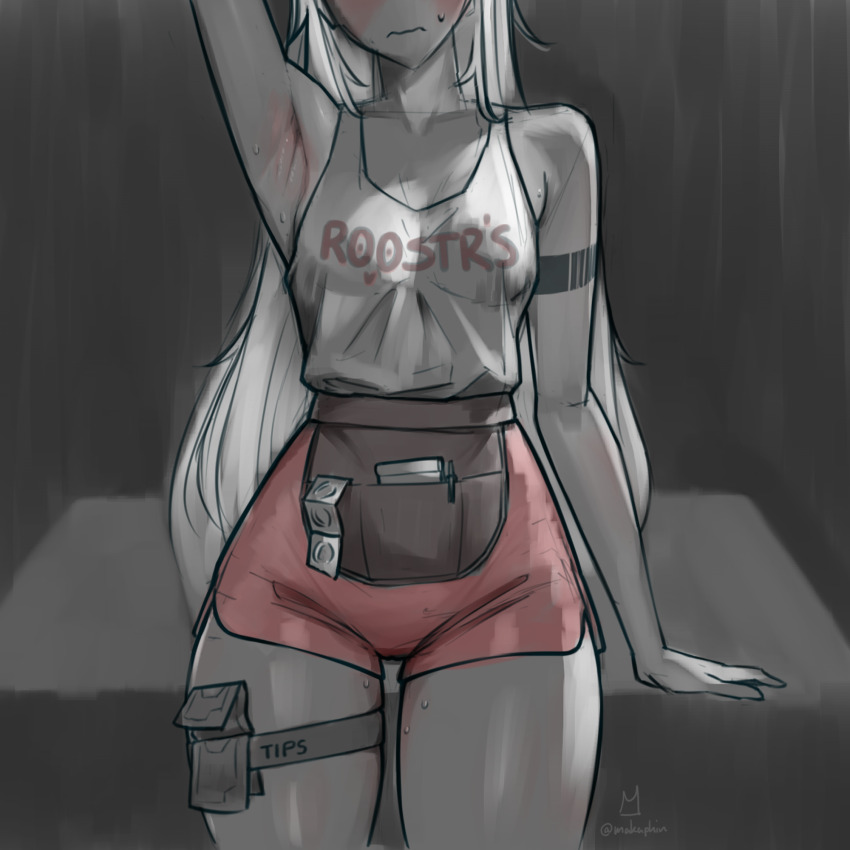 1girl ariane_yeong armpits bare_shoulders blurry blurry_background blush breasts closed_mouth collarbone dolphin_shorts eyes_out_of_frame head_out_of_frame highres long_hair makaphin orange_shorts presenting_armpit short_shorts shorts signalis small_breasts solo tank_top thighs white_hair white_tank_top wide_hips