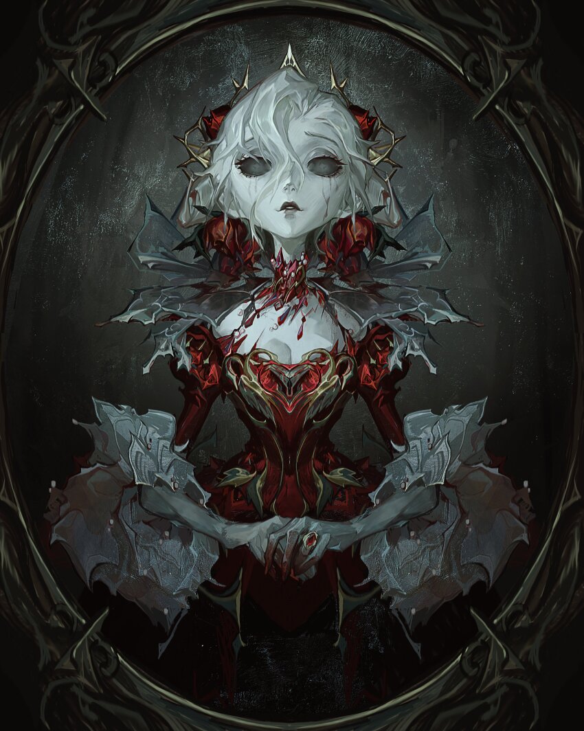 1girl absurdres black_background blood blood_on_hands bloody_tears border breasts cleavage collar cowboy_shot dress flower gem hair_between_eyes hair_flower hair_ornament highres hollow_eyes identity_v jewelry lips looking_at_viewer mary_(identity_v) off-shoulder_dress off_shoulder ornate_border own_hands_together pale_skin parted_lips red_collar red_dress red_flower red_gemstone red_rose ring rose short_hair side_part three-quarter_sleeves solo straight-on supportasse tiara white_hair xia_yu
