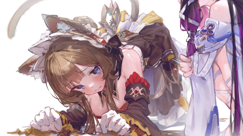 2girls absurdres all_fours animal_ear_fluff animal_ears blue_eyes breasts brown_dress brown_hair cat_ears cat_tail columbina_(genshin_impact) commentary_request detached_sleeves dress genshin_impact gloves highres long_hair looking_at_another medium_breasts multiple_girls purple_hair sandrone_(genshin_impact) squatting tail white_gloves yu_hydra
