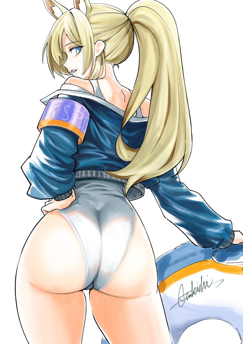 1girl absurdres animal_ear_fluff animal_ears armband ass blonde_hair blue_archive blue_eyes blue_jacket butt_crack commentary_request from_behind hand_on_own_hip highres innertube jacket kanna_(blue_archive) kanna_(swimsuit)_(blue_archive) long_hair long_sleeves looking_at_viewer looking_back off_shoulder one-piece_swimsuit otakichi_illust ponytail signature simple_background solo swim_ring swimsuit white_background white_one-piece_swimsuit