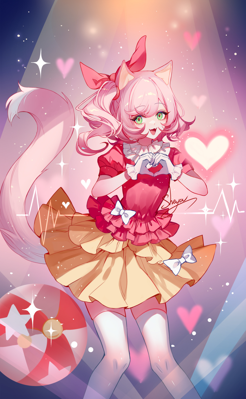 1girl :d ball bow cat_tail character_request copyright_request feet_out_of_frame gloves green_eyes heart heart_hands highres looking_at_viewer miniskirt one_side_up open_mouth pink_hair puffy_short_sleeves puffy_sleeves red_shirt sheya shirt short_hair short_sleeves skirt smile solo standing tail thighhighs white_bow white_gloves white_thighhighs yellow_skirt