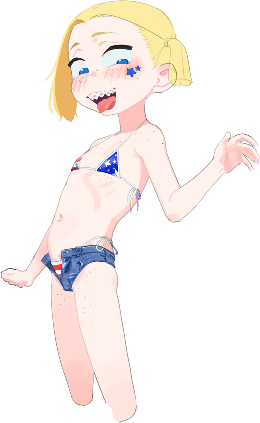1girl american_flag american_flag_bikini american_flag_print bikini blonde_hair blue_eyes braces chi-iz denim denim_shorts flag_print flag_print_bikini flat_chest freckles highres micro_bikini midriff navel original print_bikini ribs sharp_teeth short_shorts shorts side-tie_bikini_bottom side_ponytail star_sticker swimsuit teeth tongue tongue_out unbuttoned unbuttoned_pants