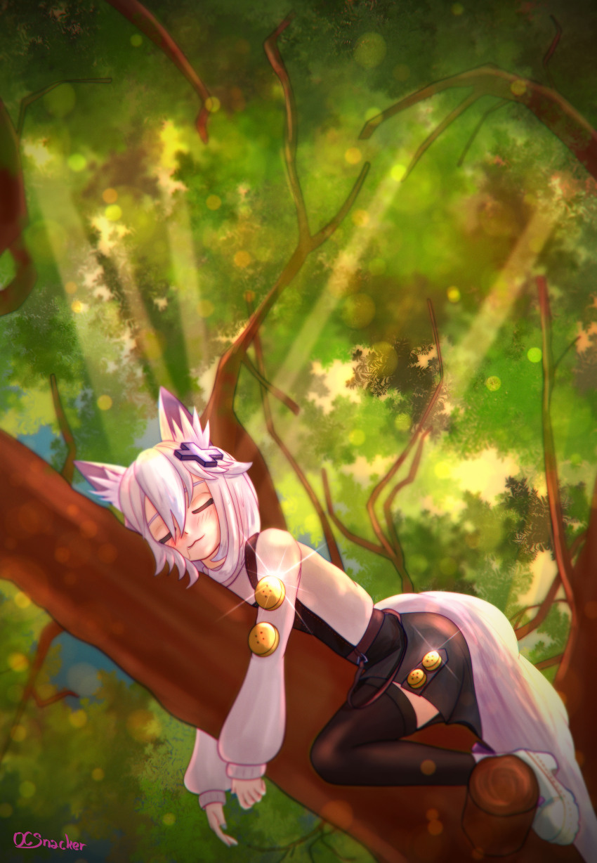 1girl :3 =_= absurdres animal_ear_fluff animal_ears artist_name belt black_skirt black_thighhighs blush brown_belt buttons cat_ears cat_girl cat_tail closed_eyes commentary drooling english_commentary filian_(vtuber) glint hair_between_eyes hair_ornament highres in_tree indie_virtual_youtuber light_rays long_sleeves mint_(vrchat) ocsnacker saliva shoes skirt sleeping solo tail thighhighs tree virtual_youtuber white_shoes