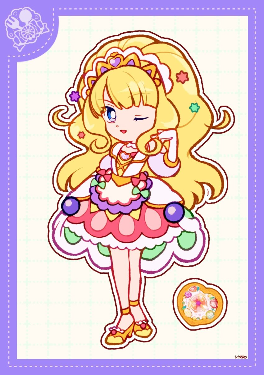 1girl anklet apron big_hair blonde_hair blue_eyes blueberry blunt_bangs border bow bow_apron bridal_gauntlets bright_pupils brooch coattails collared_vest cross-laced_clothes cross-laced_top cure_finale deformed delicious_party_precure dot_nose dotted_line dress eyelashes food food-themed_clothes food_print fruit fruit_print full_body gold_tiara green_bow grey_background grid_background hairband hand_in_own_hair hat_ornament heart heart_brooch heart_hat_ornament high_heels highres jewelry kasai_amane lace lace-trimmed_skirt lace_trim long_hair long_sleeves looking_at_viewer loose_hair_strand magical_girl medium_dress miniskirt one_eye_closed open_mouth outline pink_bow pink_skirt precure puffy_long_sleeves puffy_sleeves purple_border purple_brooch purple_sleeves shirt shoes signature skirt skirt_under_dress smile solo standing strawberry_print three-quarter_sleeves tiara tsurime uwded_207 very_long_hair vest waist_apron wavy_hair white_apron white_bridal_gauntlets white_dress white_hairband white_outline white_pupils white_vest yellow_shirt yellow_shoes