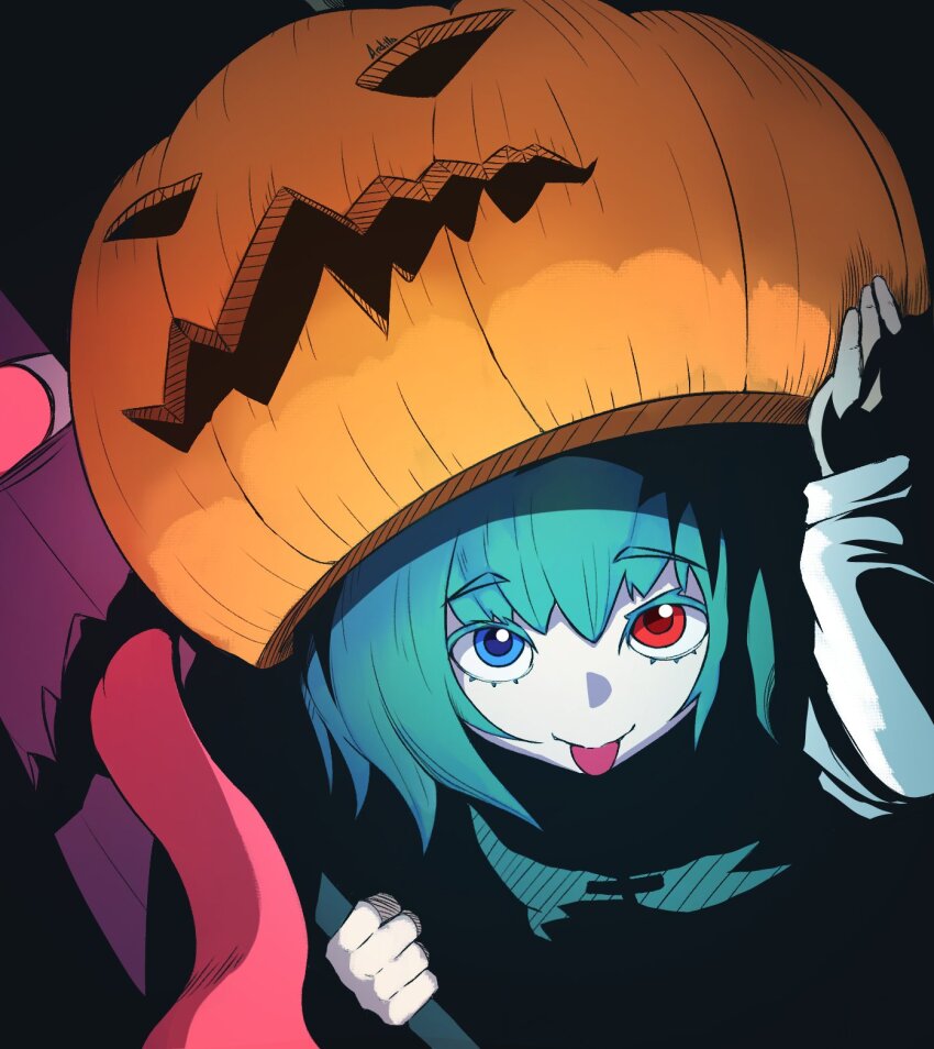 1girl 4rdilla black_background blue_eyes blue_hair blue_vest halloween heterochromia highres holding holding_pumpkin holding_umbrella jack-o&#039;-lantern karakasa_obake pumpkin purple_umbrella red_eyes shadow shirt tatara_kogasa tongue tongue_out touhou tsukumogami umbrella vest white_shirt