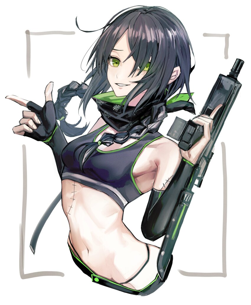 1girl absurdres arm_warmers bandana bandana_around_neck black_bandana black_hair braided_twintails breasts commentary_request crop_top cropped_torso fingerless_gloves girls&#039;_frontline gloves green_bandana green_eyes gun hair_over_one_eye highres holding holding_gun holding_weapon long_hair looking_at_viewer mac-10/11 mac-10_(girls&#039;_frontline) medium_breasts navel parted_lips safutsuguon scar scar_across_eye scar_on_face simple_background single_glove smile solo stitched_arm stitched_torso stitches stomach submachine_gun trigger_discipline two-tone_bandana weapon white_background