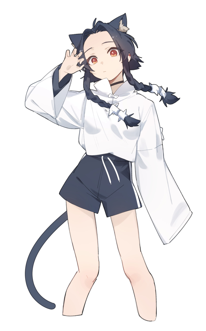 1girl animal_ear_fluff animal_ears arm_at_side black_choker black_hair black_shorts bow bowtie braid braided_sidelocks cat_ears cat_girl cat_tail choker claw_pose closed_mouth collared_shirt commentary covered_groin cropped_legs curtained_hair drawstring ear_piercing eyes_visible_through_hair floating_hair hair_tubes hand_up head_tilt high_collar highres kamatpit long_sleeves looking_at_viewer original parted_bangs piercing raised_eyebrows red_eyes shirt shirt_tucked_in short_hair_with_long_locks short_shorts shorts simple_background single_sleeve_past_fingers solo standing tail twin_braids white_background white_bow white_bowtie white_shirt wide_sleeves