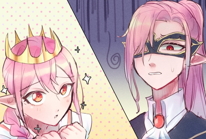 2boys androgynous animification ascot ay_linn92 bishounen blush braid brooch chinese_commentary commentary_request creator_connection crown dream_smp gold_crown highres humanization in-franchise_crossover jewelry long_hair male_focus mask masquerade_mask minecraft_youtube multiple_boys open_mouth pink_hair pleading_eyes pointy_ears ponytail red_eyes shirt single_braid sir_billiam_iii sparkle sweatdrop tales_from_the_smp technoblade trap upturned_eyes white_ascot white_shirt