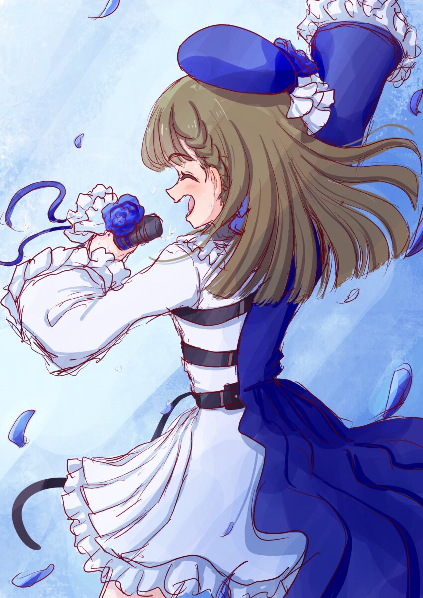 1girl absurdres alt_text arms_up asymmetrical_clothes asymmetrical_coat beret blue_background blue_coat blue_hat braid brown_hair center-flap_bangs closed_eyes coat dress facing_away frilled_dress frills gradient_background hat highres holding holding_microphone kachimachi_kosuzu link!_like!_love_live! long_hair long_sleeves love_live! microphone music open_mouth seiha_(hnumkt) short_dress side_braids singing solo straight_hair virtual_youtuber white_dress