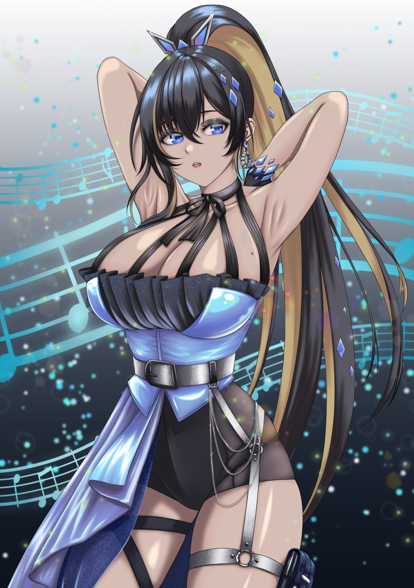 1girl absurdres armpits arms_behind_head asymmetrical_dress bare_shoulders belt black_belt black_hair black_shorts blonde_hair blue_dress blue_eyes breasts cleavage colored_inner_hair cowboy_shot dress goddess_of_victory:_nikke hair_ornament high_ponytail highres large_breasts mole mole_on_breast multicolored_hair musical_note noise_(nikke) o-ring o-ring_thigh_strap ponytail ramiki_(ramesgoag) shorts solo thigh_strap two-tone_hair