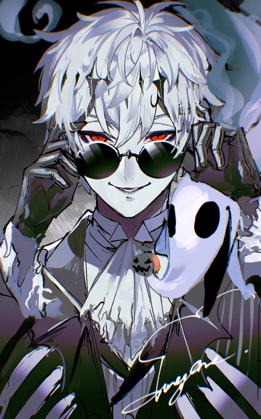 1boy ascot black_crown black_gloves bow crown diamond_hairband formal_clothes ghost gloves halloween highres jacket long_sleeves looking_at_viewer male_focus open_mouth patchwork_clothes pinstripe_jacket pinstripe_pattern pinstripe_suit pinstripe_vest ra_mo_tw round_eyewear short_hair skeleton skeleton_print skully_j._graves smile stitches striped_clothes striped_jacket striped_vest suit sunglasses the_nightmare_before_christmas twisted_wonderland vertical-striped_clothes vertical-striped_jacket vertical-striped_vest vest white_hair zero_(nbc)