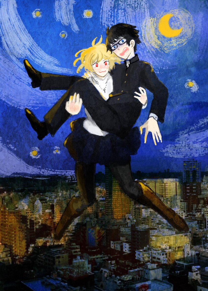 1boy 1girl arcueid_brunestud black_hair black_pantyhose blonde_hair blue_eyes blush carrying city couple crescent_moon dnchuu12 floating floating_hair glasses highres jewelry midair moon necklace night night_sky pantyhose princess_carry red_eyes reverse_princess_carry scared school_uniform short_hair skirt sky smile souya_high_school_uniform star_(sky) starry_sky surprised sweater tohno_shiki tsukihime tsukihime_(remake) turtleneck turtleneck_sweater white_sweater