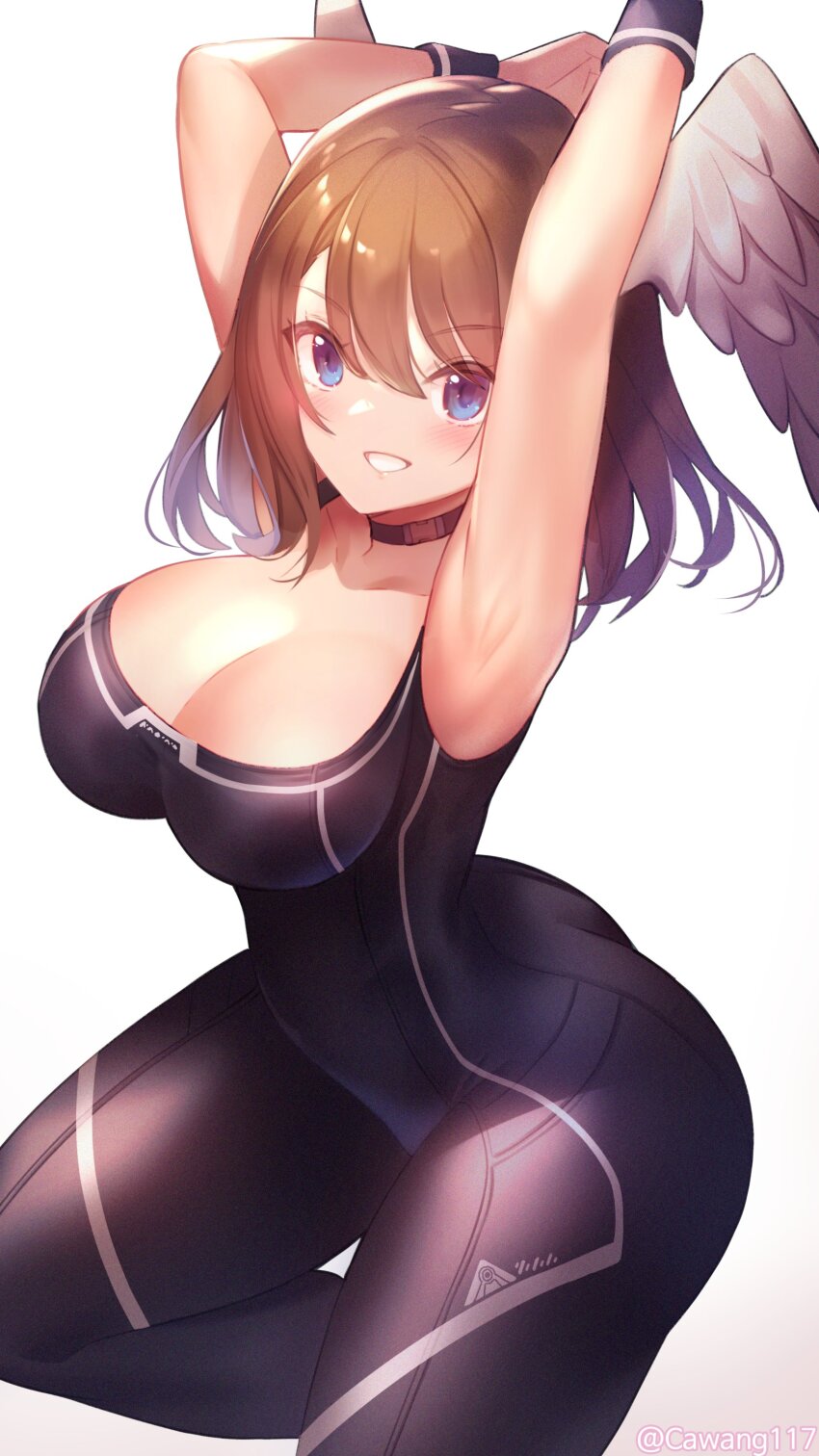1girl absurdres armpits arms_behind_head black_bodysuit black_choker blue_eyes bodysuit breast_tattoo breasts brown_hair cawang choker cleavage eunie_(xenoblade) head_wings highres large_breasts long_hair looking_at_viewer medium_hair monolith_soft open_clothes smile solo tattoo white_wings wings xeno_(series) xenoblade_chronicles_(series) xenoblade_chronicles_3