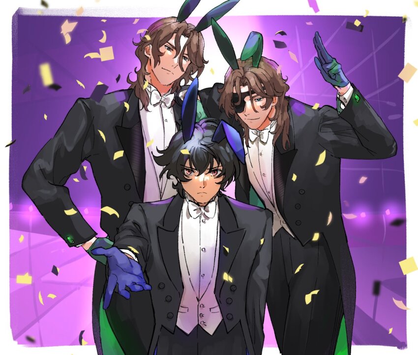 67k animal_ears black_hair brothers brown_hair eyepatch formal_clothes gloves gundam gundam_00 lockon_stratos looking_at_viewer lyle_dylandy male_focus neil_dylandy rabbit_ears setsuna_f._seiei short_hair siblings smile suit twins