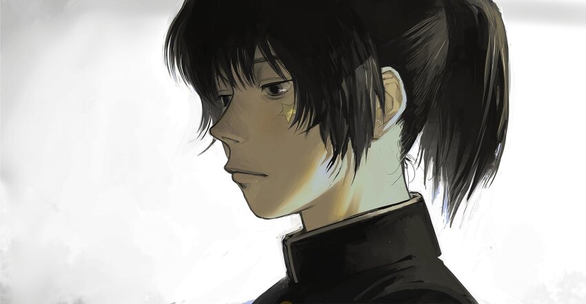 1boy black_hair closed_mouth commentary expressionless from_side gakuran grey_eyes high_collar highres kirizaki-kun_wa. kirizaki_ei looking_down male_focus ponytail portrait q-gou_(no_nine_84) school_uniform short_hair simple_background solo star_sticker sticker_on_face white_background