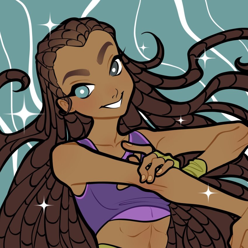 1girl abs aisha_(winx_club) aqua_background aqua_eyes bare_shoulders black_eyes bright_pupils brown_hair collarbone commentary cornrows dark-skinned_female dark_skin fingerless_gloves fingernails floating_hair forehead gloves green_gloves grin hand_on_own_arm happy heterochromia highres long_hair looking_at_viewer outstretched_arm purple_sports_bra single_fingerless_glove smile solo sparkle sports_bra thick_eyebrows toned toned_female upper_body very_dark_skin very_long_hair white_pupils wikate winx_club