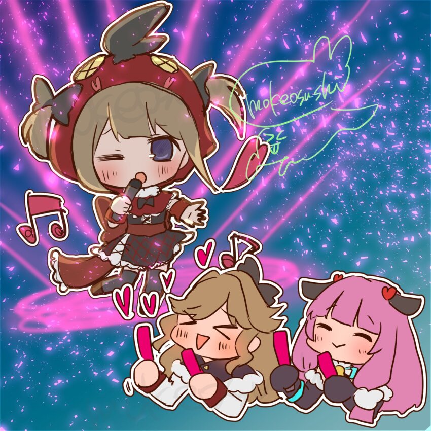 &gt;_&lt; 3girls :&gt; azur_lane black_bow blush bow brown_hair chibi chibi_only dorsetshire_(azur_lane) glowstick hair_bow heart highres holding holding_glowstick idol mokeosushi multiple_girls music musical_note norfolk_(azur_lane) one_eye_closed penlight_(glowstick) pink_eyes signature singing suffolk_(azur_lane) triangle_mouth two_side_up