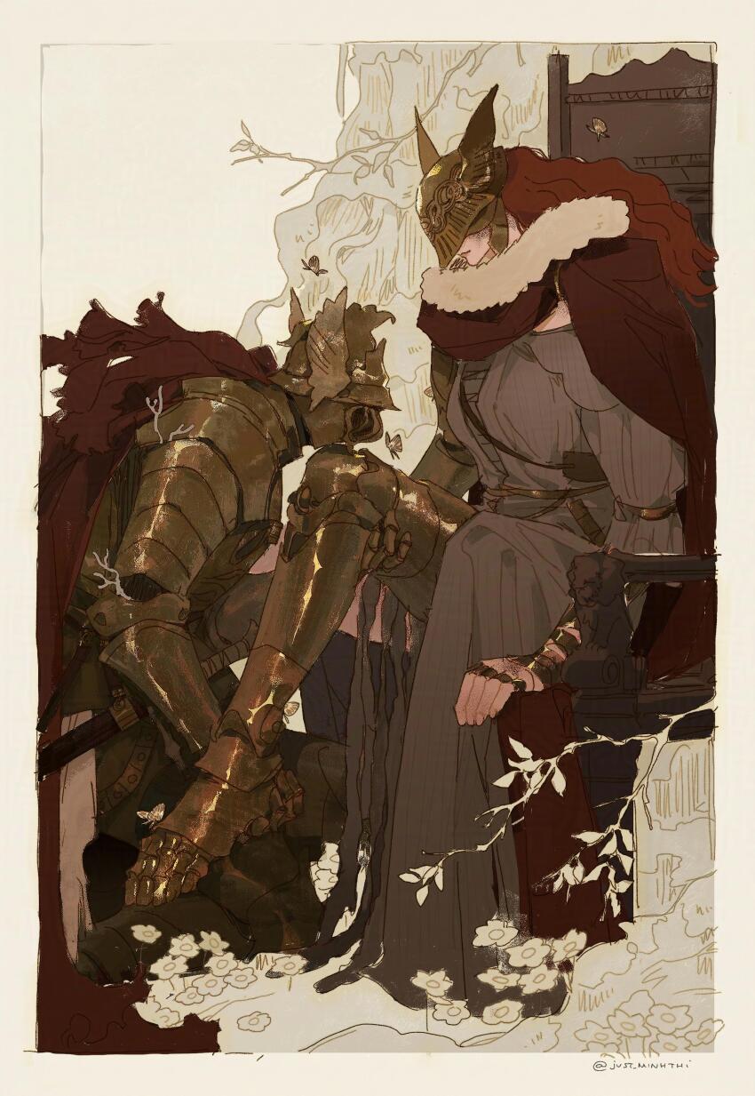 2girls absurdres armor breastplate cape cleanrot_knight_finlay commentary covered_eyes covered_face elden_ring english_commentary from_side full_armor fur-trimmed_cape fur_trim greaves helmet highres kissing_knee kissing_leg long_hair malenia_blade_of_miquella mechanical_arms mechanical_legs multiple_girls on_one_knee pauldrons prosthesis prosthetic_arm prosthetic_leg red_cape red_hair shoulder_armor signature single_mechanical_arm single_mechanical_leg sitting thi_(just_minhthi) twitter_username winged_helmet yuri