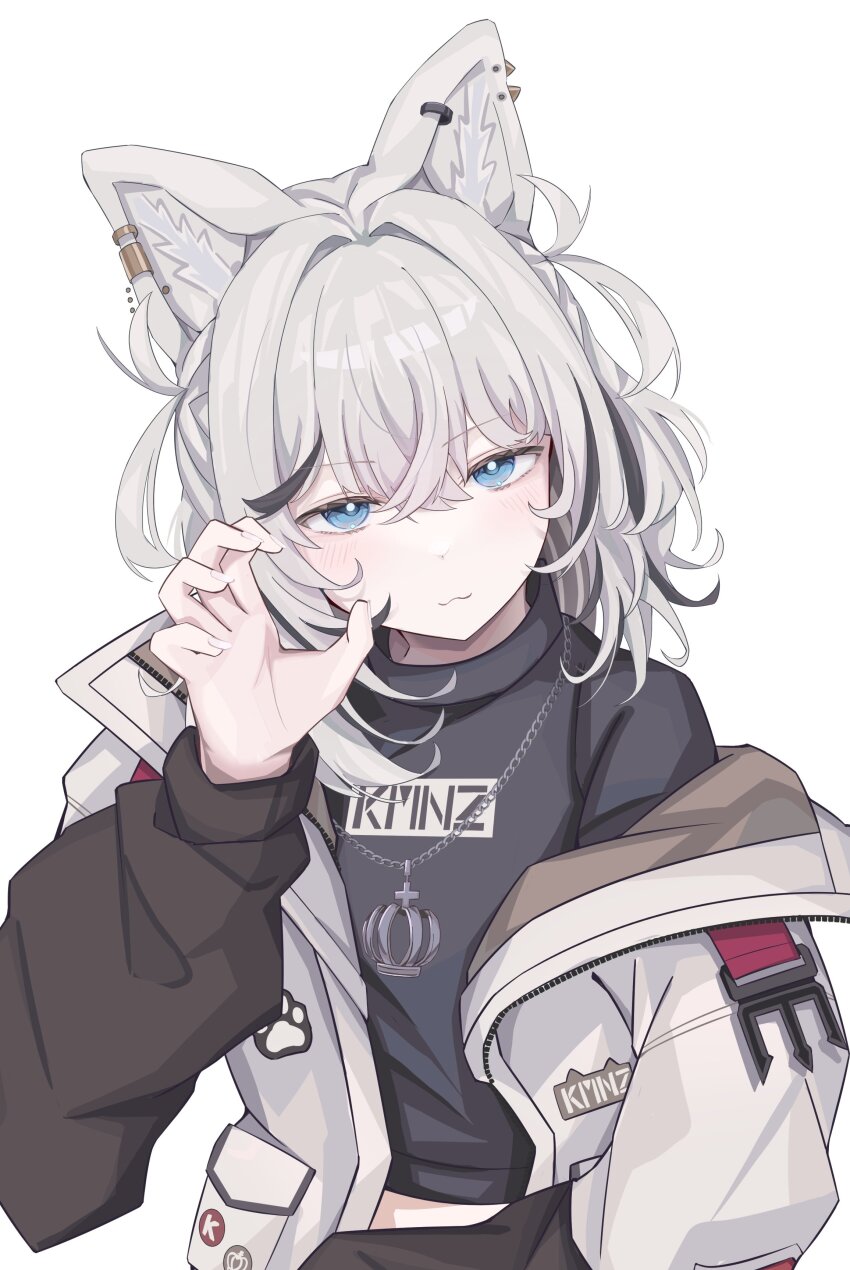 1girl :3 absurdres animal_ears black_sweater blue_eyes chain chain_necklace closed_mouth dog_ears ear_piercing earclip hand_up heart highres jacket jewelry kmnz long_sleeves looking_at_viewer medium_hair multicolored_hair necklace no_name_ver1 paw_pose paw_print piercing print_sweater simple_background smile solo streaked_hair sweater tina_(kmnz) turtleneck turtleneck_sweater two_side_up upper_body virtual_youtuber white_background white_hair white_jacket white_nails