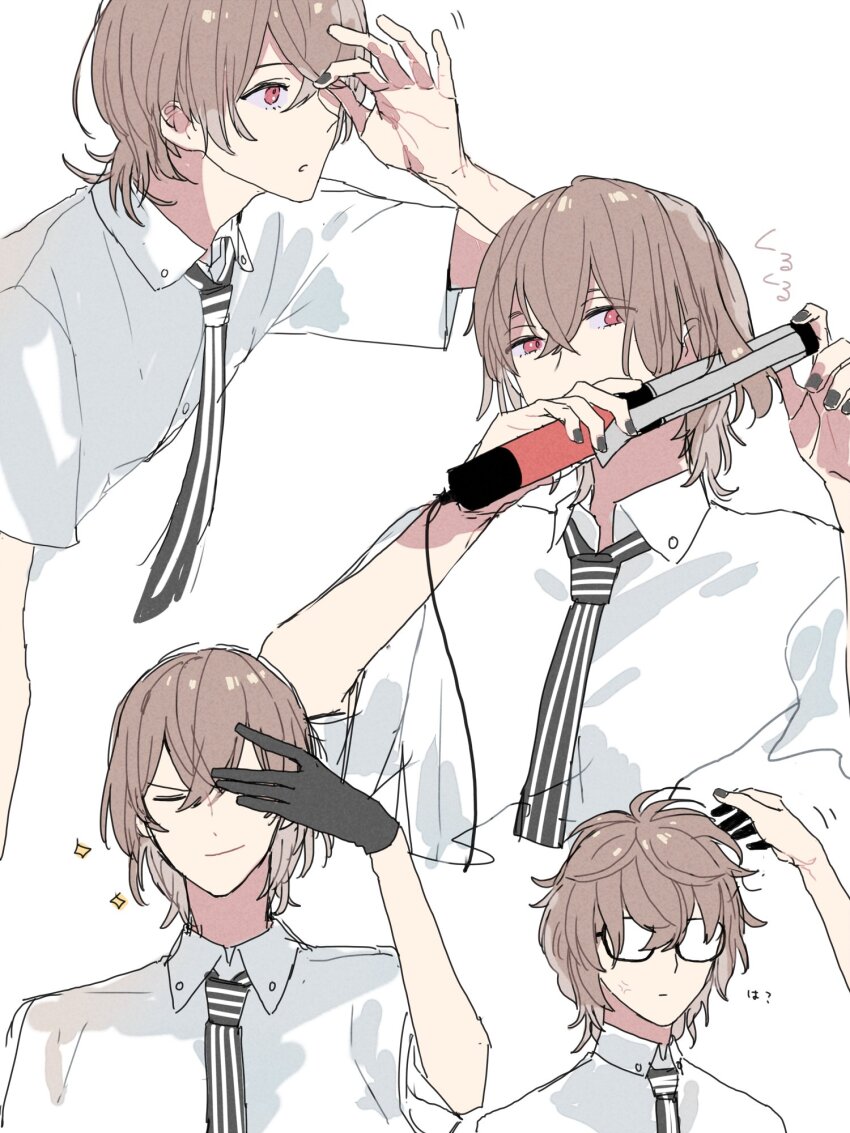 1boy akechi_gorou arm_up bespectacled black_gloves black_nails brown_hair closed_mouth collared_shirt commentary_request crossed_bangs dot_nose glasses gloves hair_straightener highres holding_hair_straightener looking_ahead looking_to_the_side male_focus meimei_hituzi multiple_views nail_polish necktie persona persona_5 red_eyes shirt sideways_glance sparkle striped_necktie white_background white_shirt wing_collar
