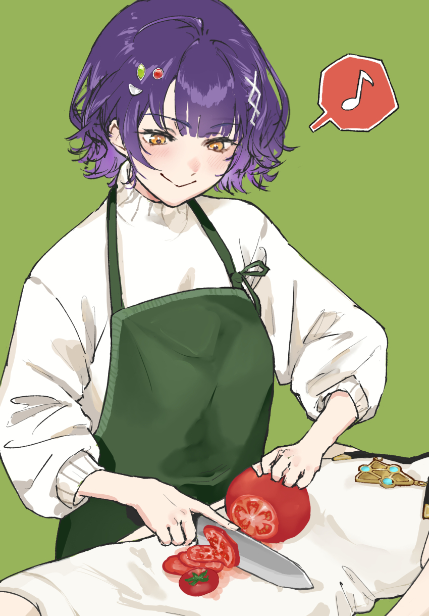 2girls ange_katrina ange_katrina_(1st_costume) apron blush breasts chopping closed_mouth commentary_request dress green_apron green_background hair_ornament head_out_of_frame highres holding holding_knife humiliation kitchen_knife knife looking_down lying medium_breasts multiple_girls musical_note nanase_suzuna nijisanji official_alternate_costume on_back orange_eyes purple_hair short_dress short_hair simple_background small_breasts smile so_yasu_sada speech_bubble spoken_musical_note sweater tomato tomato_slice upper_body virtual_youtuber white_dress white_sweater