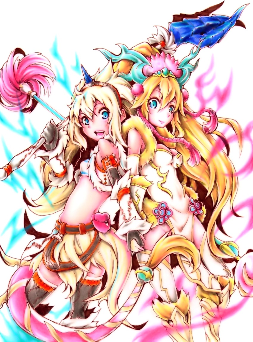 2girls ahoge aqua_eyes bare_shoulders black_gloves black_legwear blonde_hair blue_eyes capcom censored china_dress chinese_clothes convenient_censoring crossover day dress elbow_gloves fur_trim garyuu_ryuuga gloves hairband headdress highres holding holding_weapon horns kirin_(armor) long_hair midriff monhanbaka monster_hunter_(series) multiple_girls navel no_panties open_mouth polearm pom_pom_(clothes) puzzle_&amp;_dragons sakuya_(p&amp;d) single_horn skirt smile spear tail thighhighs trait_connection very_long_hair weapon white_dress white_hair white_legwear
