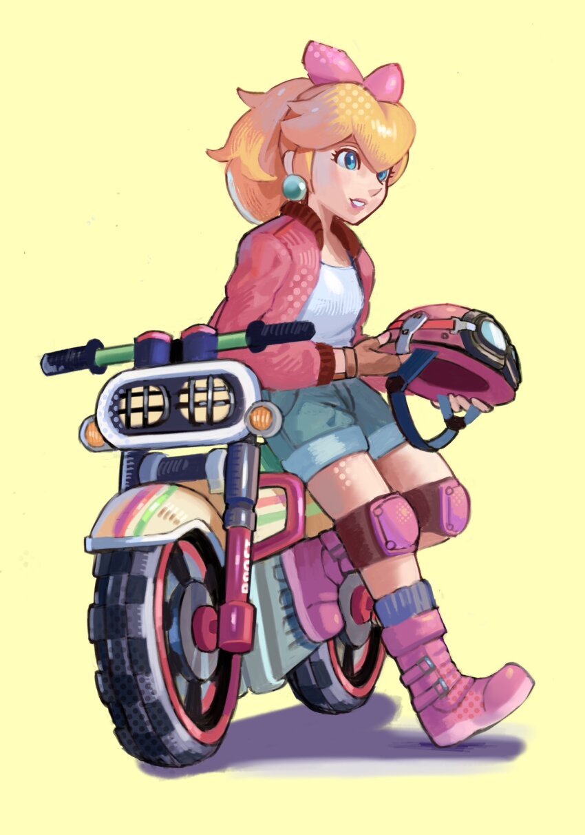 1girl blonde_hair blue_eyes blue_shorts boots calilo commentary denim denim_shorts english_commentary full_body helmet high_ponytail highres holding holding_helmet jacket knee_pads long_hair mario_(series) motor_vehicle motorcycle nintendo pink_boots pink_helmet pink_jacket ponytail princess_peach shirt shorts simple_background solo white_shirt yellow_background