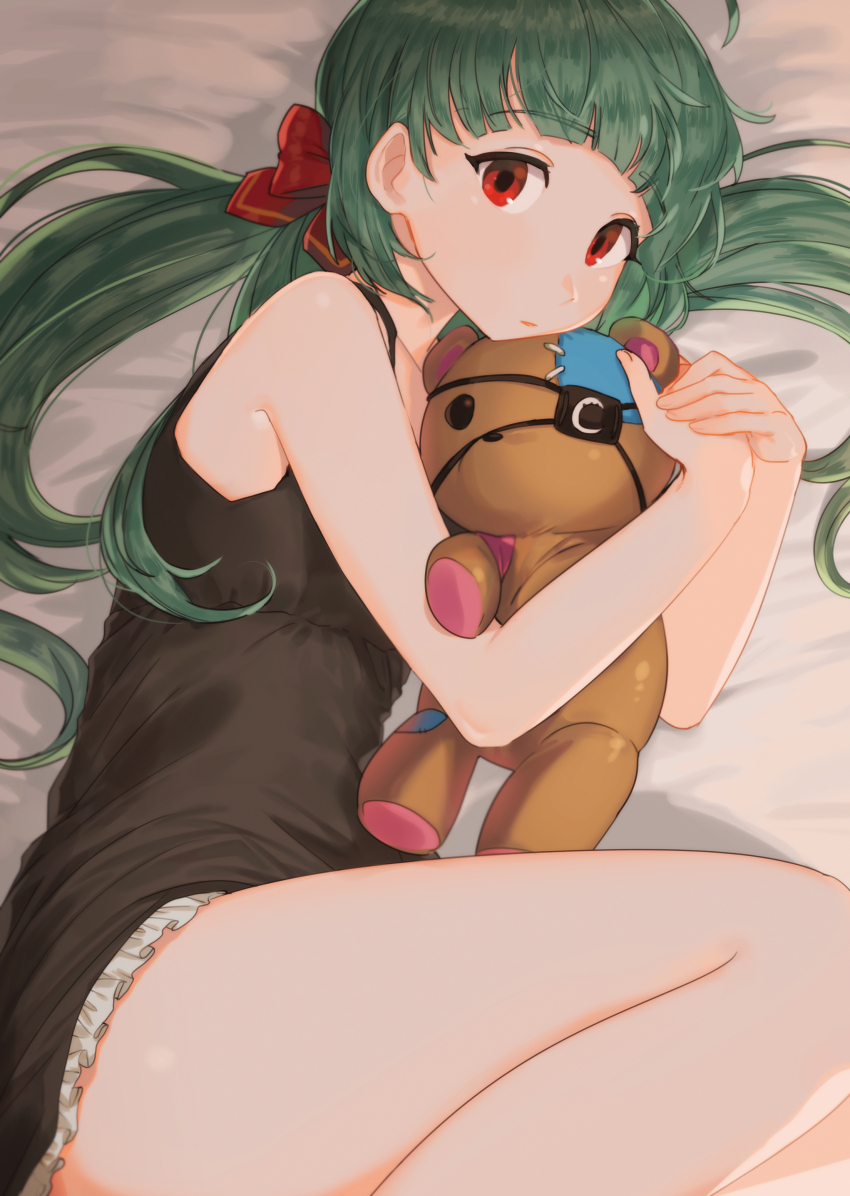 1girl absurdres battle_girl_high_school bed_sheet black_nightgown blunt_bangs bp_(hbgppppp) closed_mouth eyelashes green_hair highres hugging_doll hugging_object long_hair looking_at_viewer low_twintails lying nightgown on_side red_eyes sadone solo stuffed_animal stuffed_toy teddy_bear twintails