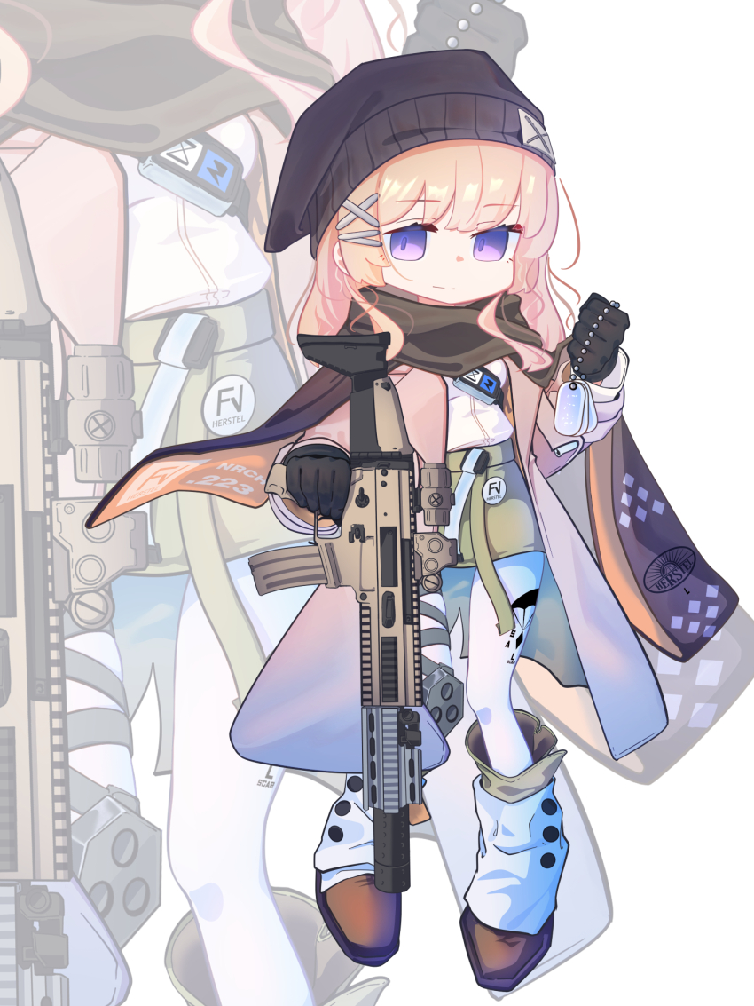 1girl assault_rifle beanie black_scarf blonde_hair boots breasts brown_coat brown_hair clenched_hand cloak closed_mouth coat dog_tags fanny_pack fn_scar fn_scar_16 girls&#039;_frontline green_skirt gun hat hexaa highres holding holding_dog_tags holding_weapon knee_pads looking_at_viewer medium_breasts optical_sight pantyhose purple_eyes rifle scar-l_(girls&#039;_frontline) scarf shirt shirt_tucked_in skirt smile solo_focus suppressor weapon white_pantyhose white_shirt