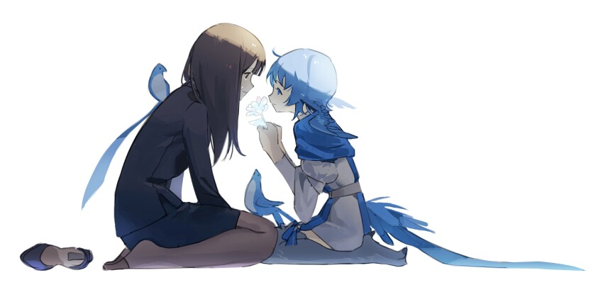 2girls between_legs bird bird_girl bird_legs bird_on_lap bird_tail bird_wings black_eyes black_footwear black_jacket black_pantyhose black_skirt black_suit blue_capelet blue_eyes blue_hair blunt_bangs brown_hair capelet comforting commentary_request crying dress elpis_flower eye_contact face-to-face feathered_wings final_fantasy final_fantasy_xiv flower formal_clothes full_body glowing_flower grey_dress hand_between_legs head_wings highres holding holding_flower jacket korean_commentary long_hair looking_at_another meteion migo45 monster_girl multiple_girls office_lady pantyhose pencil_skirt profile sad seiza shoes short_hair simple_background sitting skirt skirt_suit smile suit tail tears unworn_shoes white_background white_flower wings